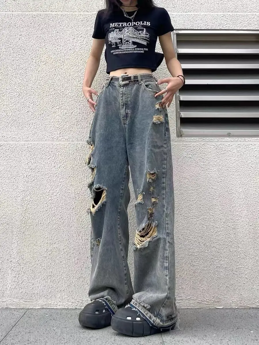 

Wide Leg Pant Jeans Women Grunge Y2k Streetwear Korean Fashion Blue Trousers 2022 Autumn Vintage Casual Hole High Waist Bottoms