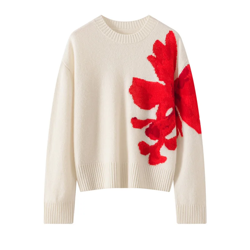 

One Size 100% Cashmere Women's Sweater Floral Jacquard Round Neck Pullover Autumn New Loose Trendy Top Base Shirt