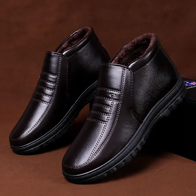 Men's Cotton Leather Shoes, Winter Waterproof and Warm Casual Leather Shoes with Thick Velvet, High Top and Warm Work Shoes