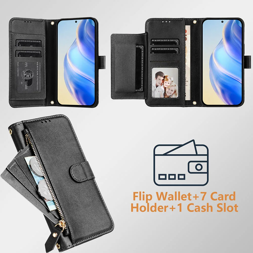 Zipper Multi Card Slots Wallet Cover For OPPO A18 A38 A58 A78 Find X8 X7 Ultra X6 Realme Note 50 Narzo N55 N63 Case With Lanyard