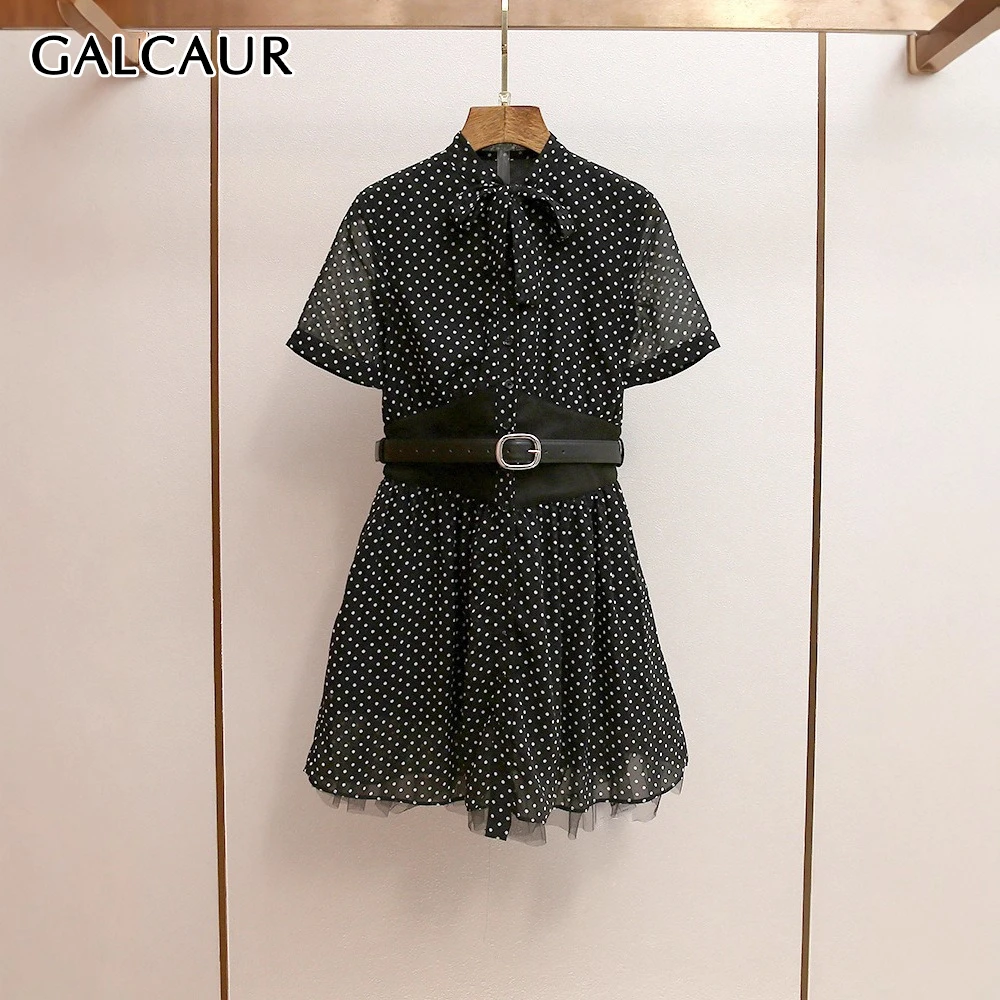 

GALCAUR Black Spliced Dot Printing French Dress Female Turtleneck Short Sleeve Slimming High End Women's Dresses Summer Fashion
