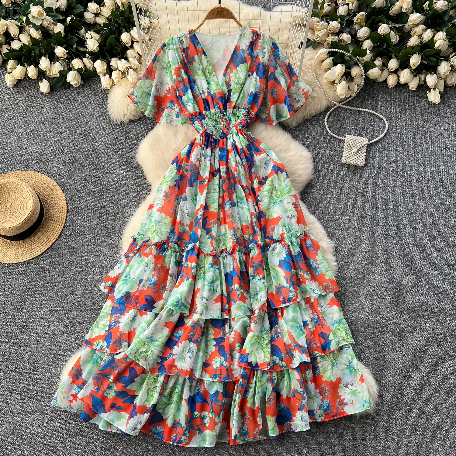 Retro v neck Butterfly sleeve print chiffon Elegant summer  Dress A-line Flare Sleeve Vacation print Women Vestidos dresses