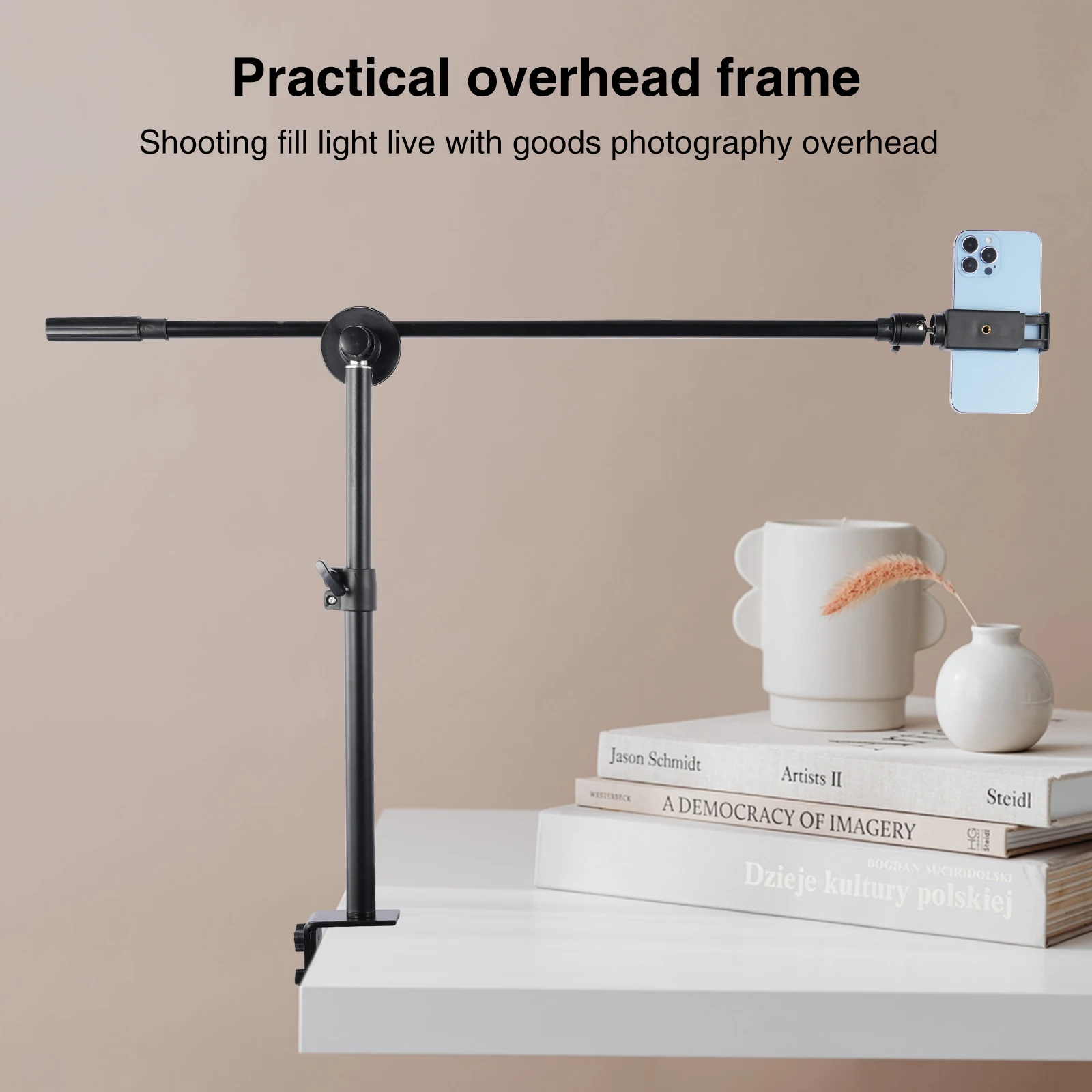 

Overhead Desk Mount with Phone Holder & 360° Ballhead Table C-Clamp for Webcam Light Live Streaming Holding Arm