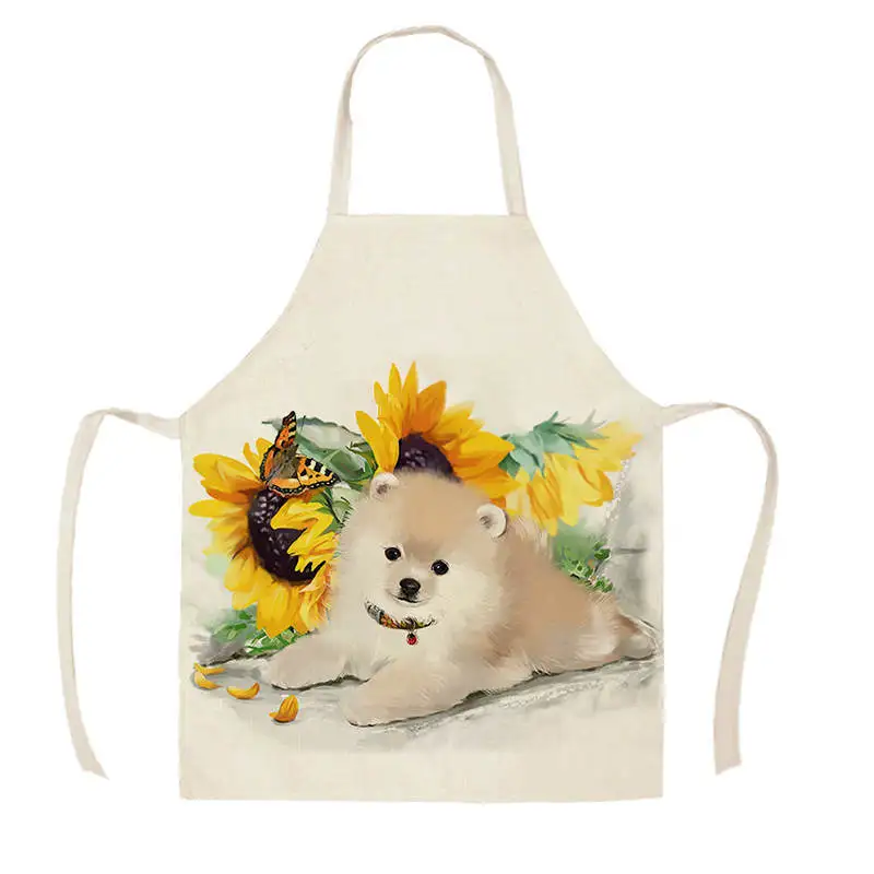 1Pcs Kitchen Apron Animals Cute Cartoon Cat Horse Dog Printed Sleeveless Cotton Linen Aprons for Women Home Cleaning Tools55*68c