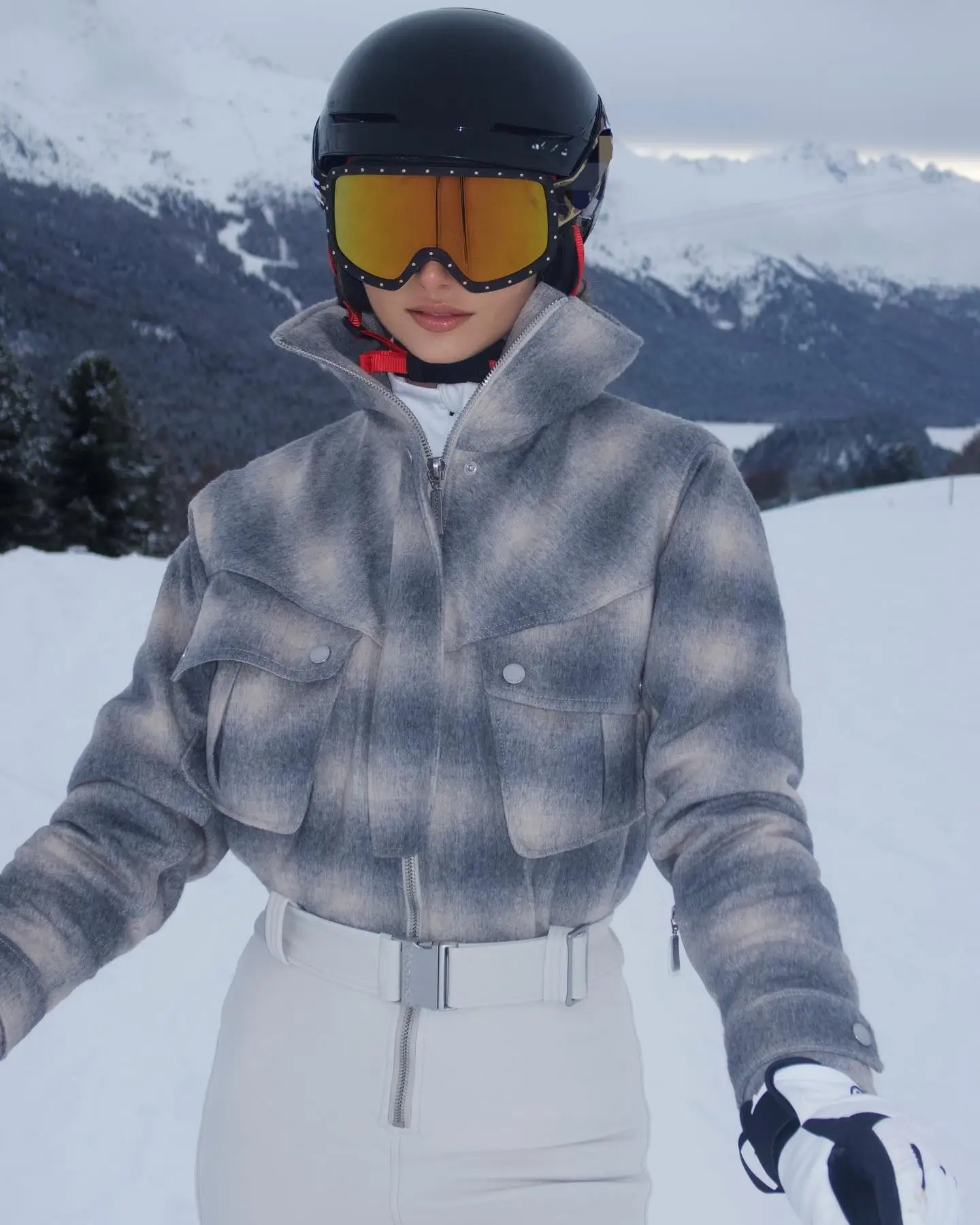 Women Plaid One Piece Ski Jumpsuit Stand Collar Pocket Design Belt Slim Fit Waterproof Windproof Warm Suit Outdoor Snow Outfit
