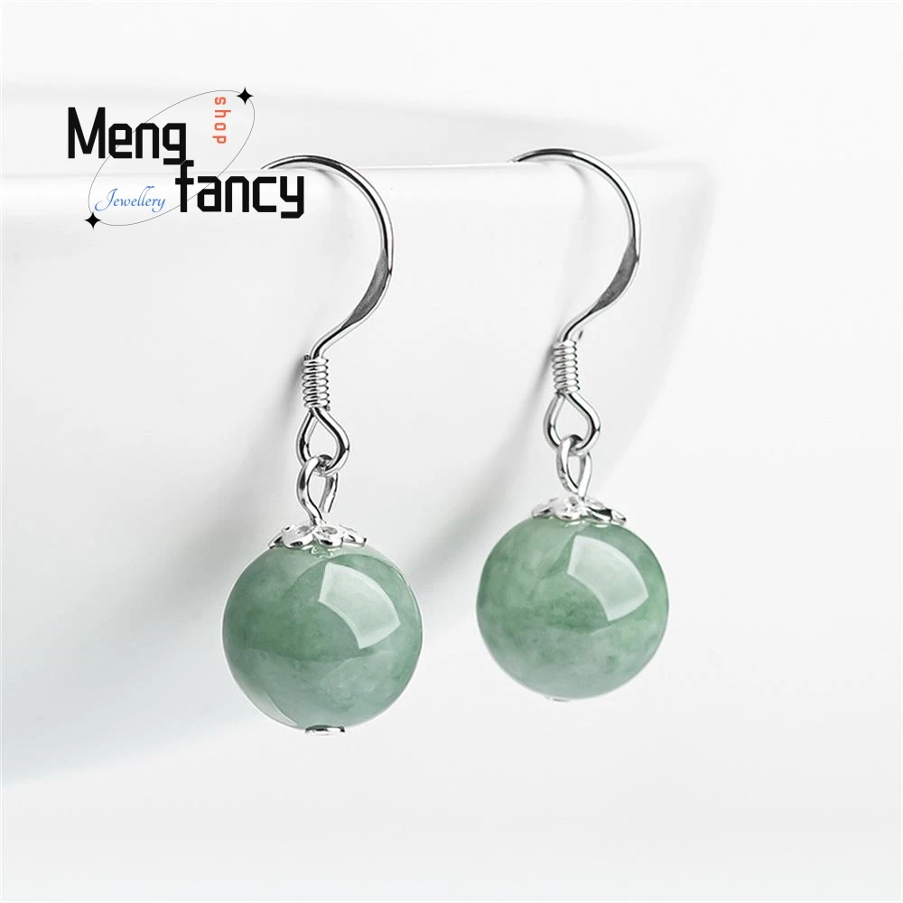 

Natural A-goods Jadeite Bean Green Round Bead Earrings S925 Silver Inlaid Jade Fashion Women's Ethnic Style Luxury Fine Jewelry