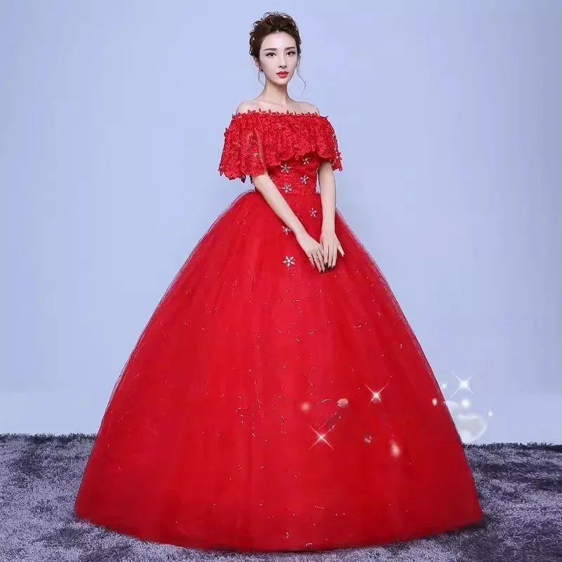 Cheap Red Tulle Wedding Dress Ruffles Lace Off the Shoulder Sequin Crystal Floor-length Princess Plus size Bride Ball Gown XN088