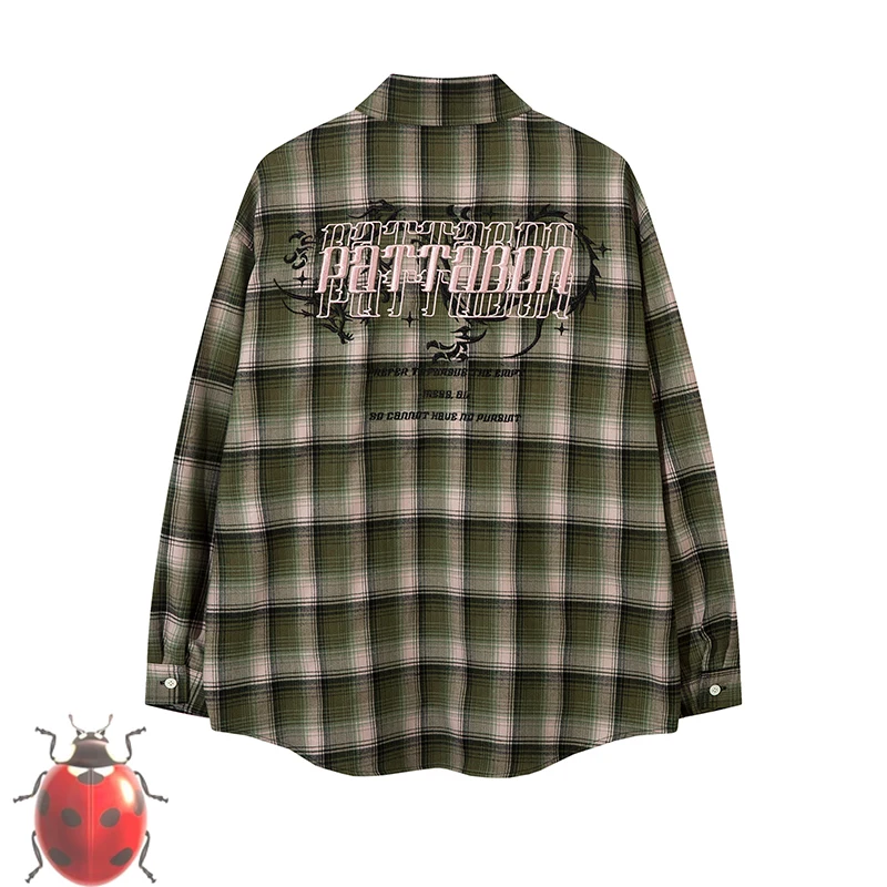 

Pink Embroidery Letters Logo Dragon Overlap Pattern Plaid Shirts Men Women High Quality Loose V-shape Long Sleeve Clothes