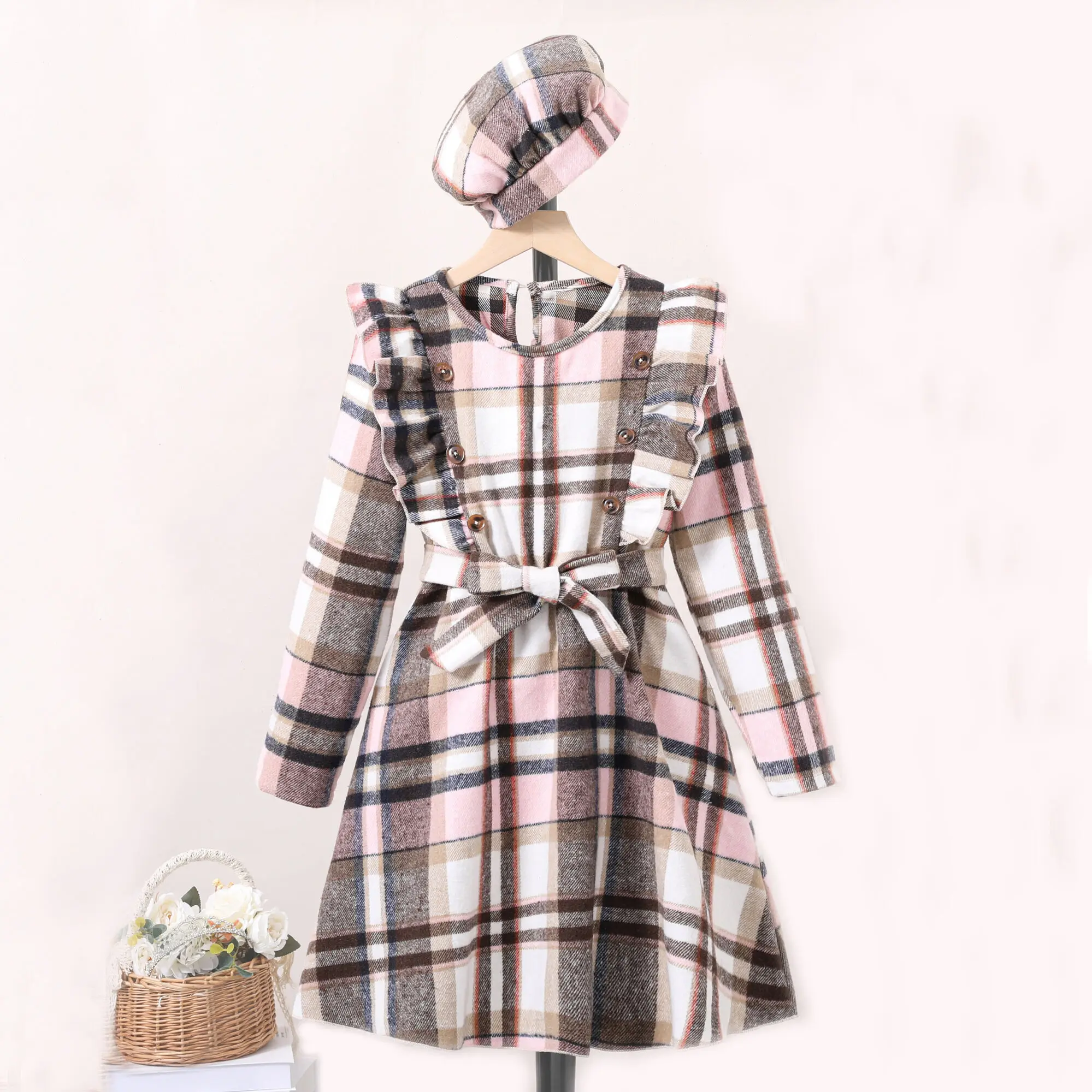 Autumn New Kids 8-11 Years Brown Pink Plaid Long-Sleeved + Beret For Girls Elegant Vacation Holiday Dress