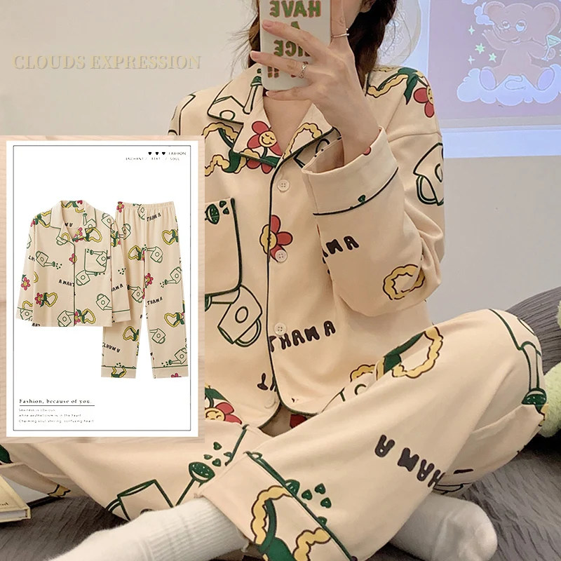 Spring Autumn Knttted Womens Pajamas Sets Lapel Funny Pjs Cartoon Sleepwear Plaid Homewear Girl Pijamas Mujer Pyjama 3XL Fashion