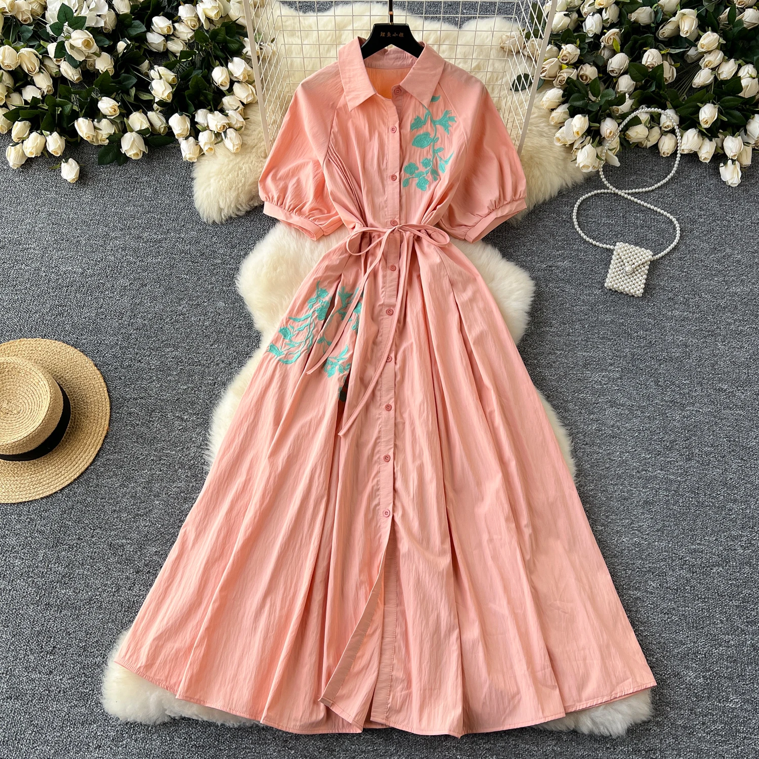 Autumn Artistic Vintage Embroidery Loose Tie Waist Dresses Summer Slim Elegant Single Breasted Shirt Dresses Women