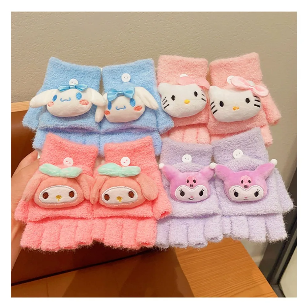 قفازات أنيمي سانريو كورومي خريف/شتاء دافئ ميلودي الشكل المرجان المخملية الدافئة في الهواء الطلق خمسة أصابع لطيف دمية قفازات الأطفال الهدايا