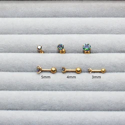 Needle 1.2*6MM Stainless Steel Screw-back Color Zircon Stud Earrings Golden IP Plating No Easy Fade Allergy Free