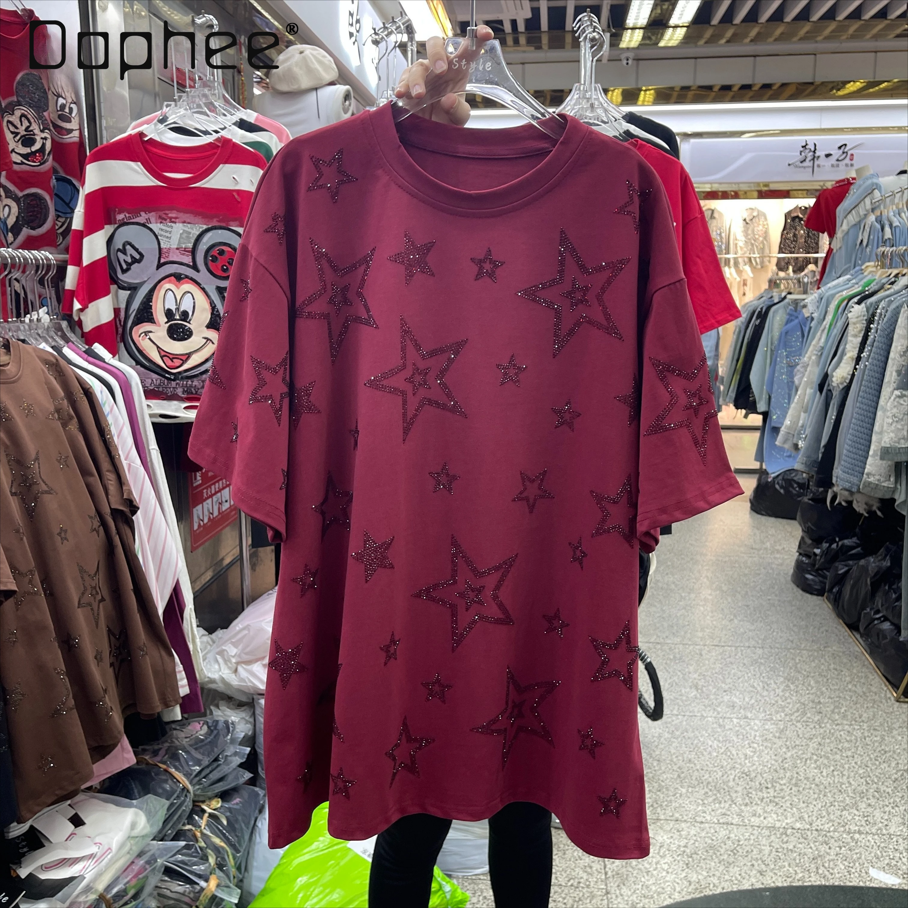 

Korean Style Fashion Rhinestone Star Casual Short Sleeve T-Shirt Spring Versatile Mid-Length Round Neck Casual Top for Women