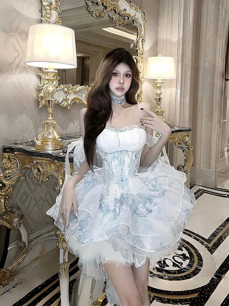 Trailing Princess Dress French Sexy Tube Top Lolita Birthday Gown Dress Summer New Fashion Sweet Slim Puffy High Waist Dresses