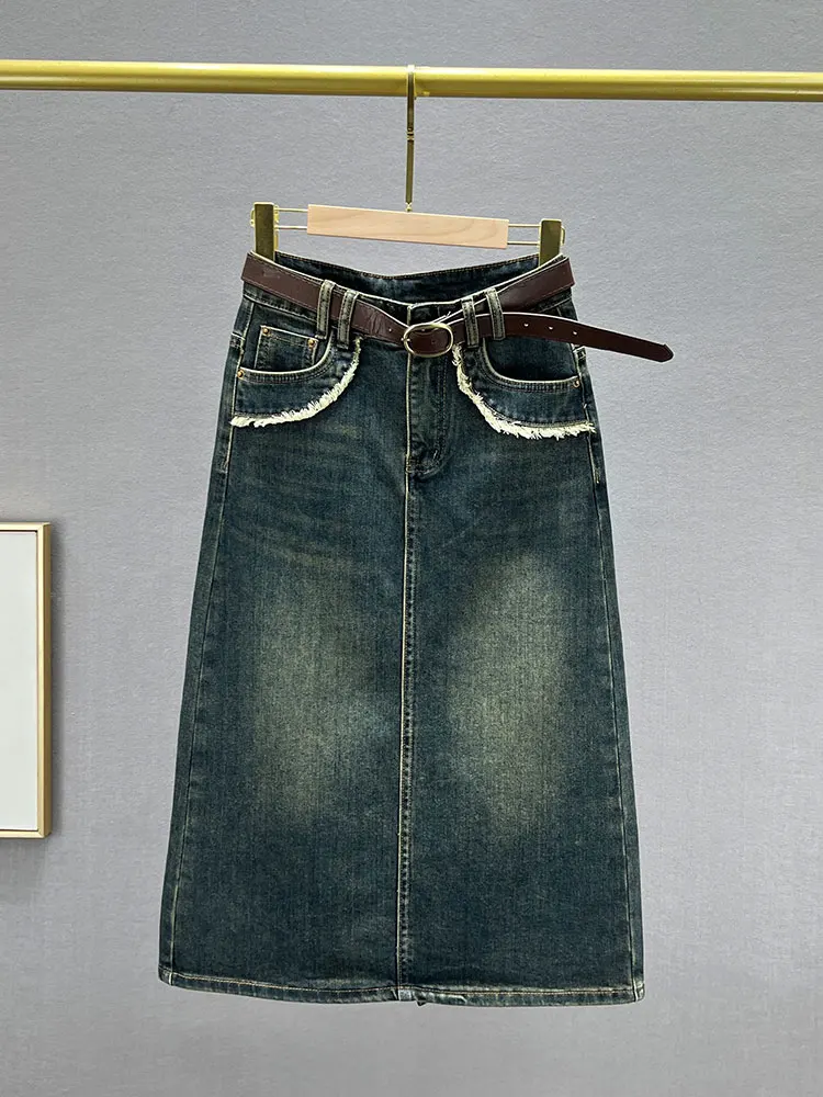 

Retro Blue Denim A-Line Skirt Women's High Waist Slimming Versatile Mid-Length Skirt Cotton Polyester Blend Autumn 2023
