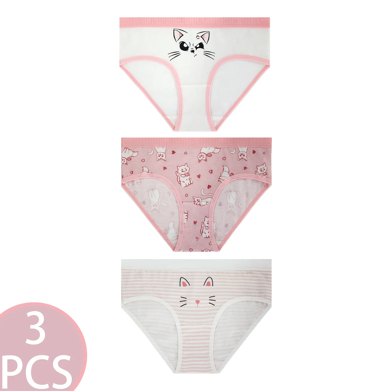 

3 Set 8-12 year old Kitten Strip Love Cotton Triangle Panties for girls School Girl Comfort Panties