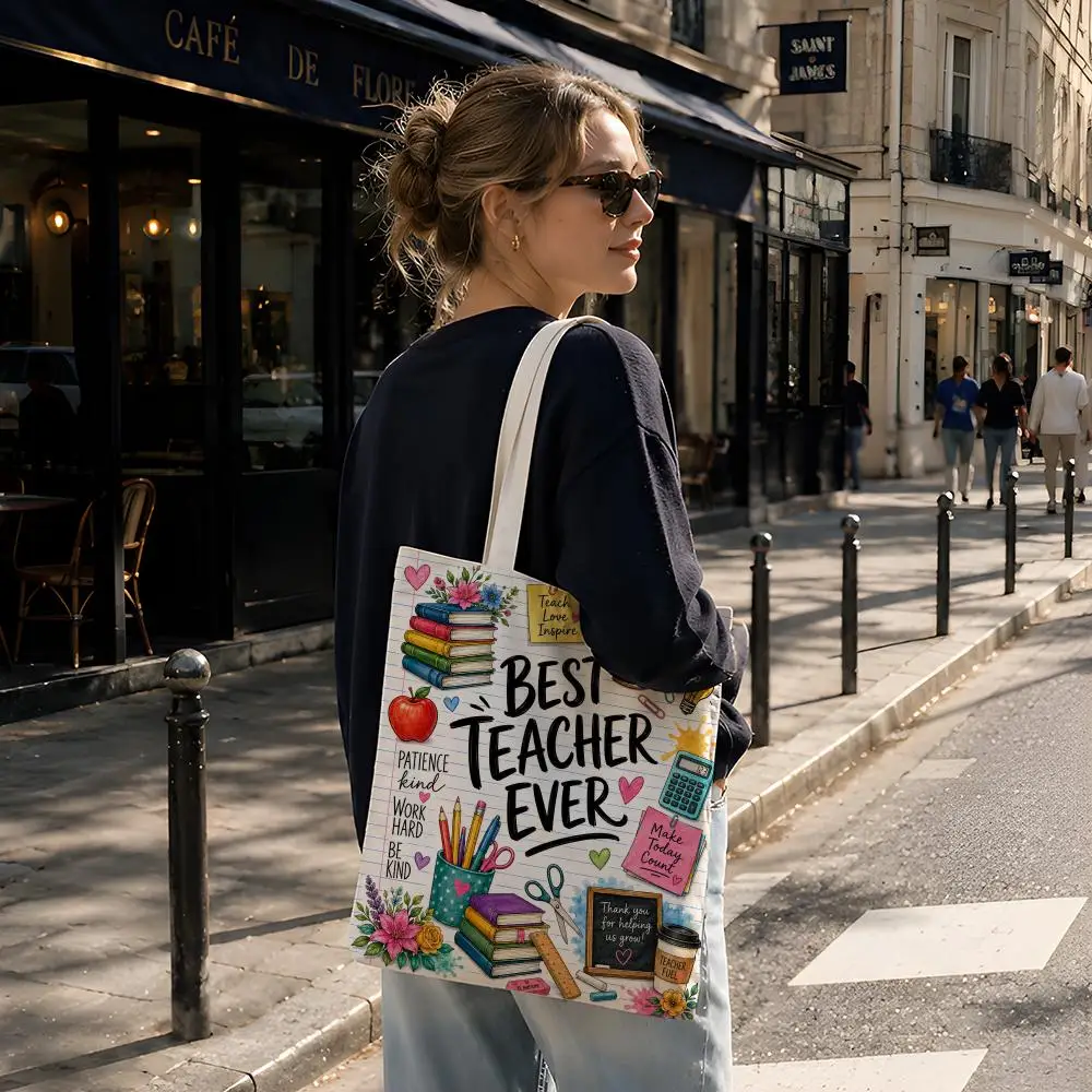 BEST TEACHER EVER Storage Bags Reusable Canvas Tote Suitable for School Class Commuting Shopping as Gifts