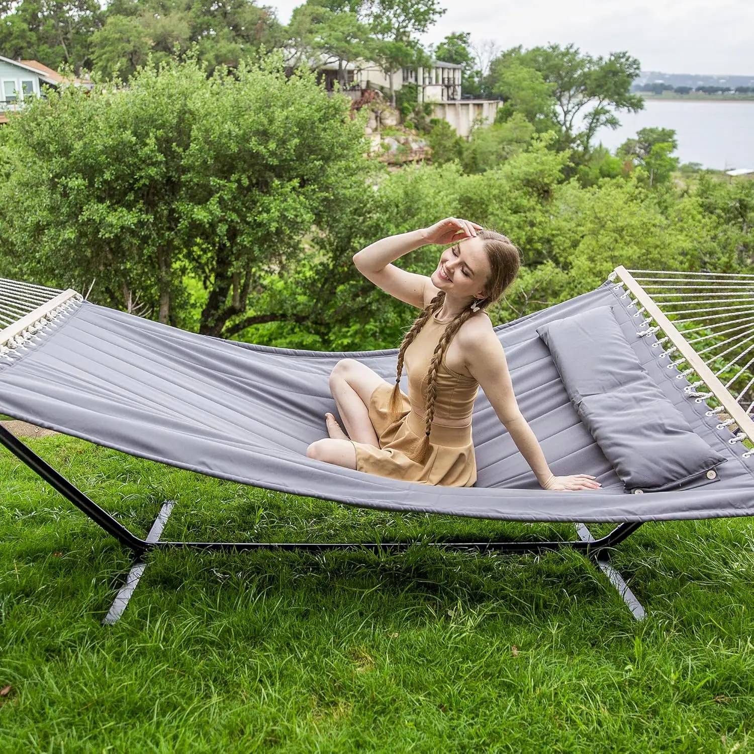 Robuste tragbare Hängematte für 2 Personen mit Ständer, 475 Pfund Kapazität, Dunkelgrau