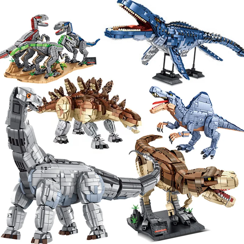 

Фигурки Динозавров Юрского периода большого размера, модель T Rex, строительные блоки, динозавр Велоцираптор, бронтозавр, спинозавр, мосазавр, игрушки