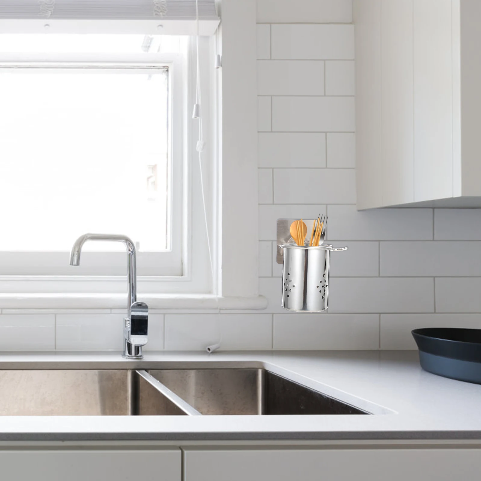 2Pcs Stainless Steel Chopstick Storage Holder Wall-Mounted Kitchen Rack with Drain Tray Adhesive Design No Nails Needed Spoon