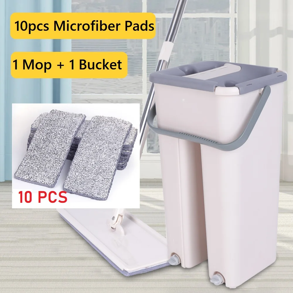 Flat Floor Mop Set with Bucket+10 Kit Microfiber Pad 360° Rotation Mop Flat Floor Mops Wet or Dry Usage Household Cleaning