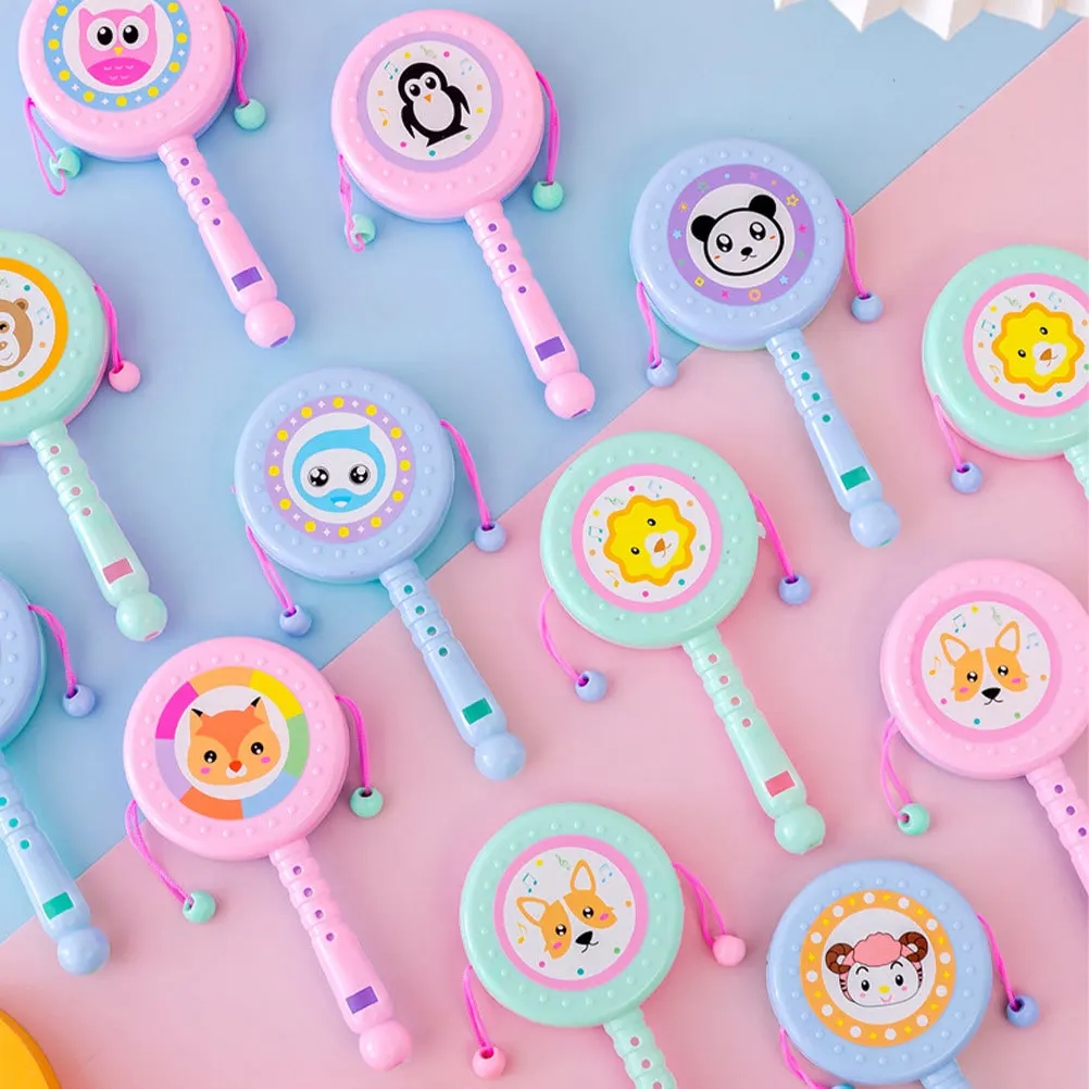 12 pezzi fischio sonaglio-tamburo cartone animato tamburo a mano agitando sonaglio per bambini prima educazione cognitiva per bambini giochi all'interno all'aperto