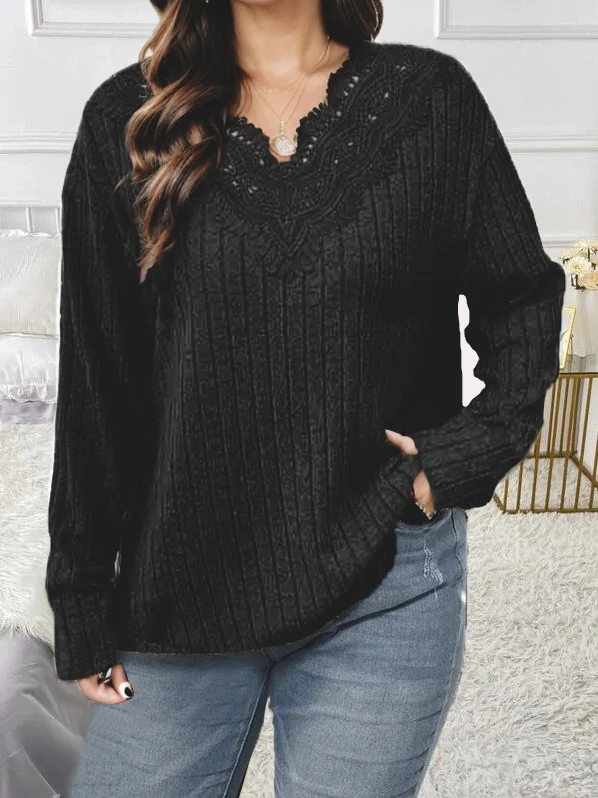 

Plus - Size Women's Clothing: Exquisite Lace Meets Vertical Stripe Aesthetics - V - Neck, Long - Sleeved, Loose - Fitting Knit T