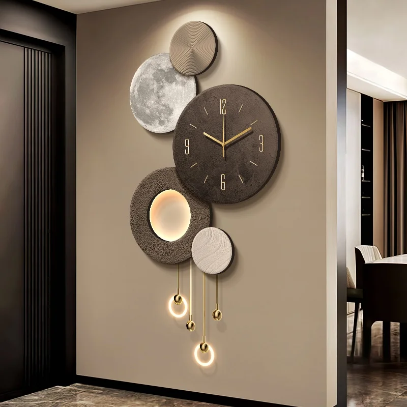 Luxury and sophisticated entrance hall LED wall light with lunar clock, corridor high-end three-dimensional sandstone wall light