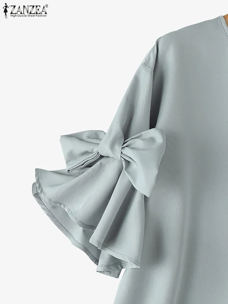 ZANZEA 2025 Summer Women Elegant Tops Bow Tie Ruffles Chiffon Blouse Lantern Short Sleeve Shiirt Vintage Patchwork Korean Tunic