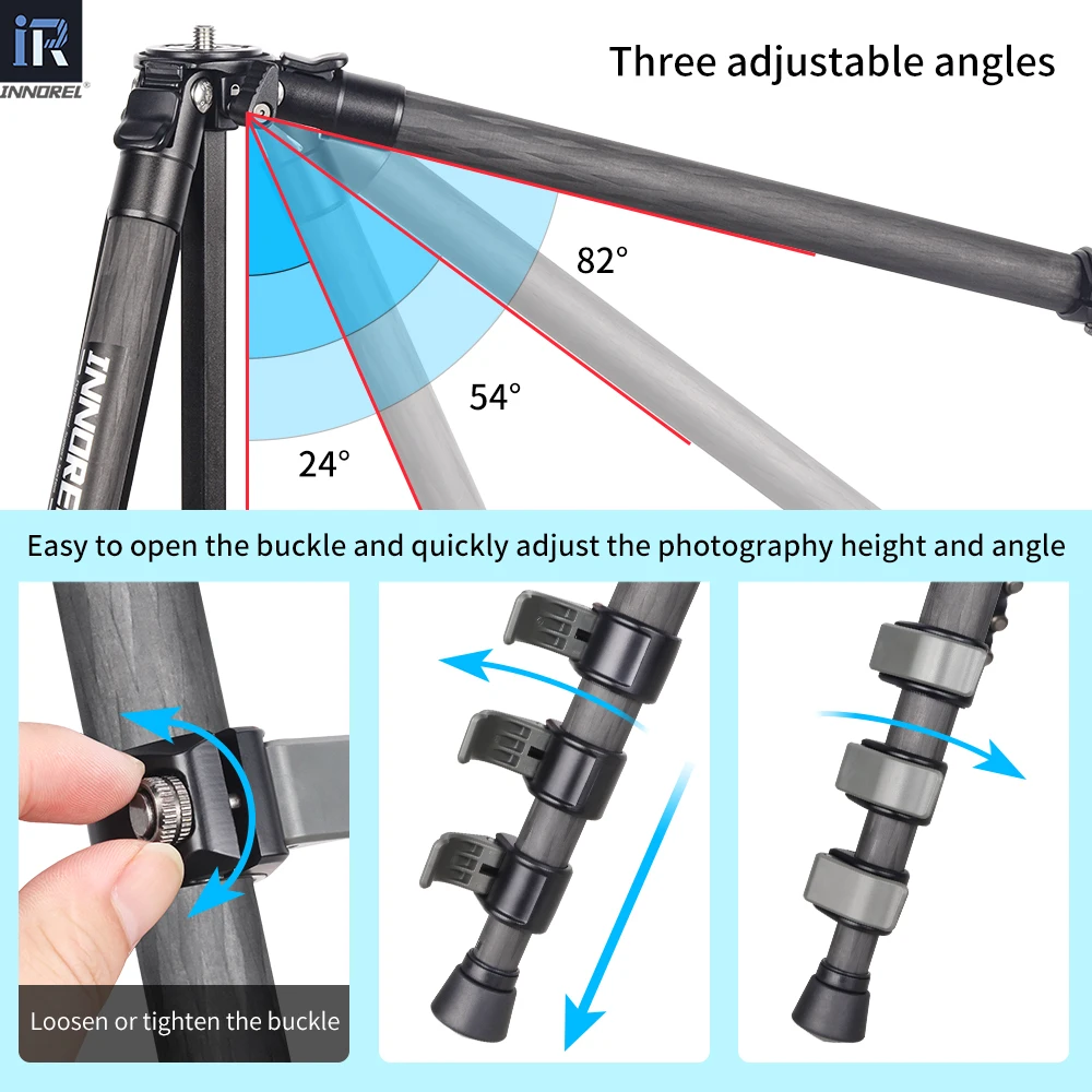 INNOREL P254CF treppiede in fibra di carbonio Flip Lock a sgancio rapido/rapido per fotocamera DSLR con colonna centrale a forma speciale carico