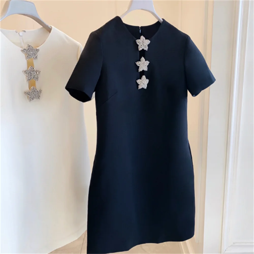 

summer new diamond star short dress black round neck short sleeved straight dress