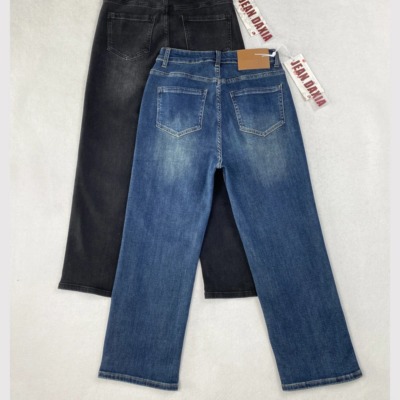 Xxxxxl moda plus size calças de brim femininas novo outono premium esticado denim dois botões carcela reta tornozelo comprimento calças 5351