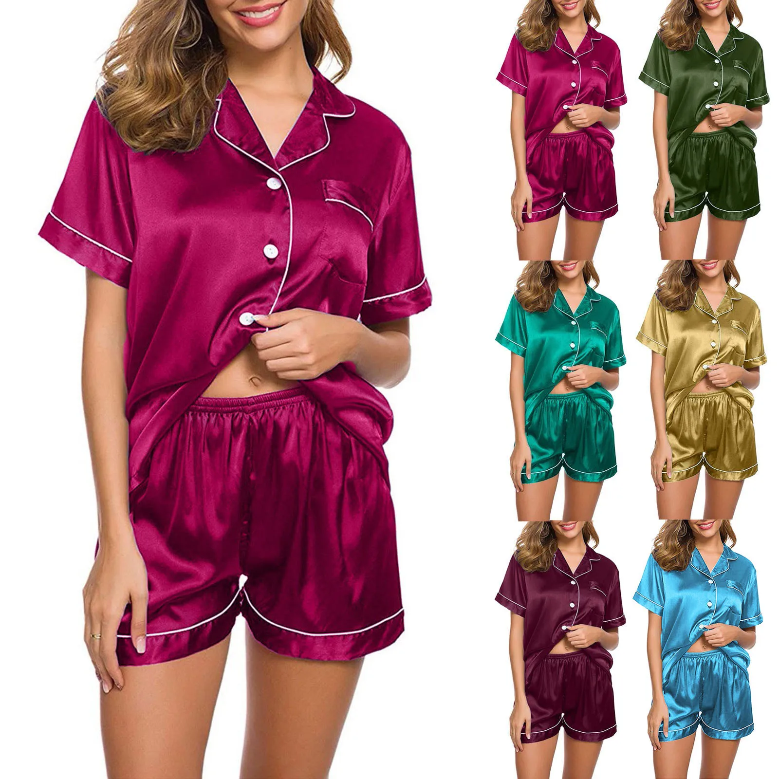 Women Sexy Satin Silk Pajama Sets Sleepwear Summer Tops +Shorts 2 Pieces Set Loungewear Nightgown Pyjama Suit Ladies Nighties