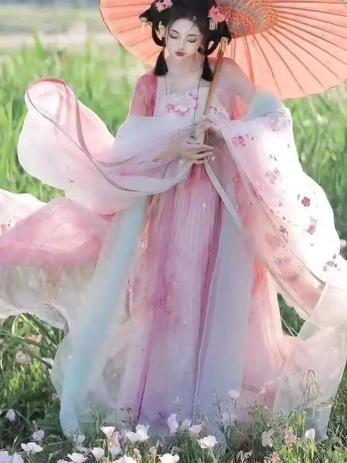 

New Hanfu Women's Cherry Blossom Heavy Embroidery Outer Super Fairy Big Sleeves Gradient Color Ke Zi Skirt Daily Spring Summer