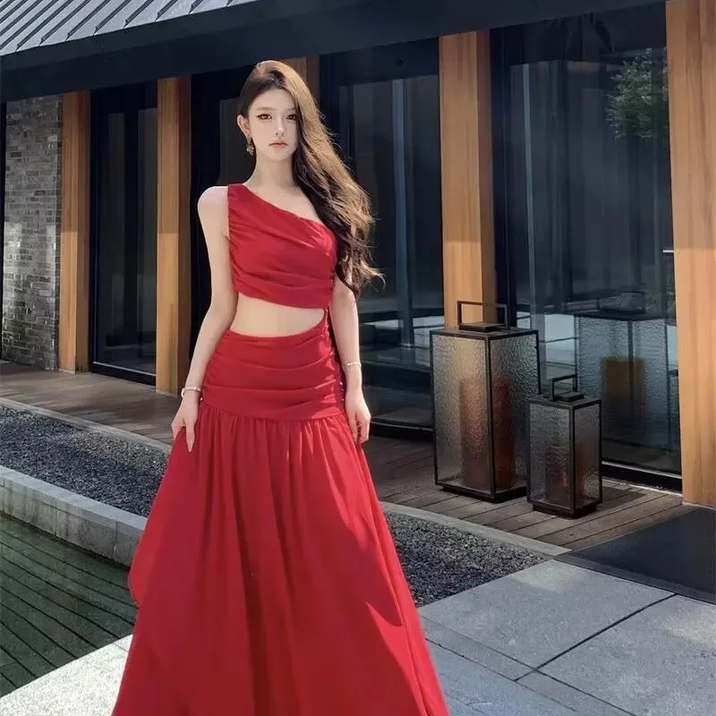 

Women's Red Two Piece Maxi Skirt Set One Shoulder Crop Top Flowy Trailing Skirt Formal Party Outfit