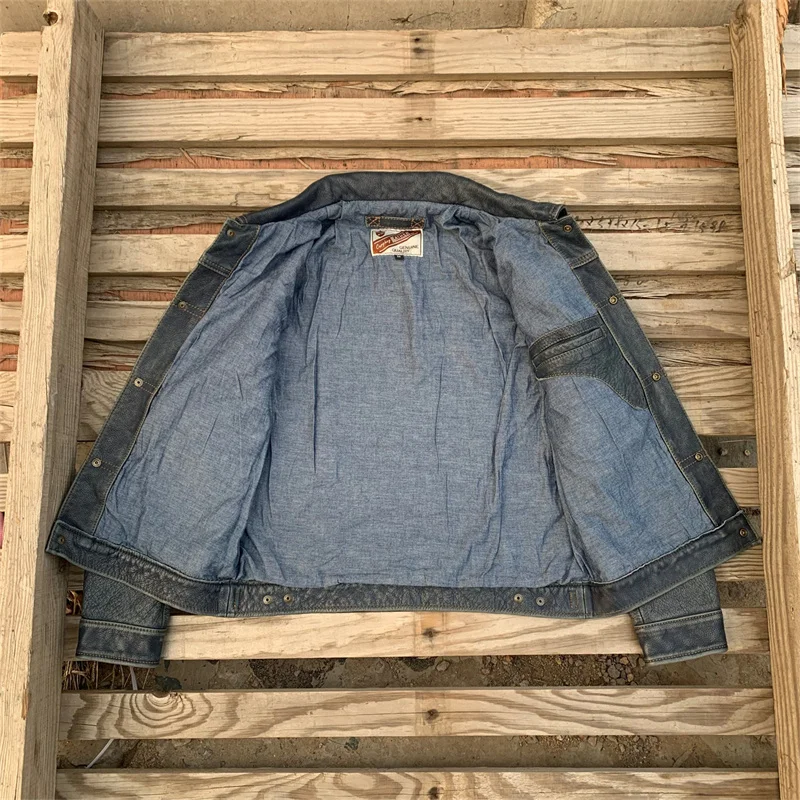 Blue Autumn Leather Jacket Men Vintage Style Plus Size 5XL Genuine Natural Cowhide Turn-Down Collar Single Breasted Denim Coat