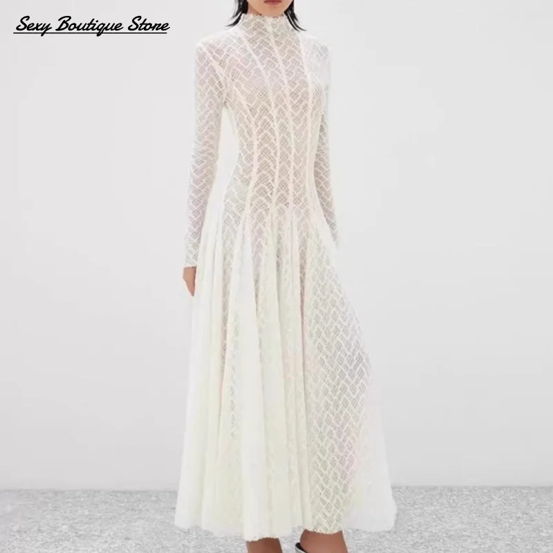 Hollow Out Mesh Maxi Dress High Collar Slim Fit Long Sleeve Robe High Waist Pleated Party Dresses 2025 New Lady Fashion Clothing