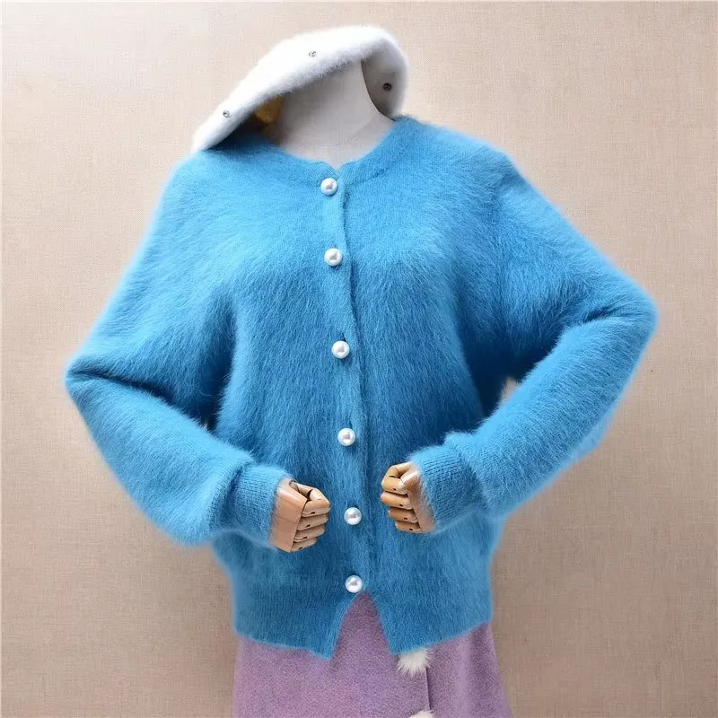 

Ladies Women Autumn Winter Fashion Sky Blue Hairy Angora Rabbit Hair Knitted Long Sleeves Loose Cardigans Sweater Jacket Pull