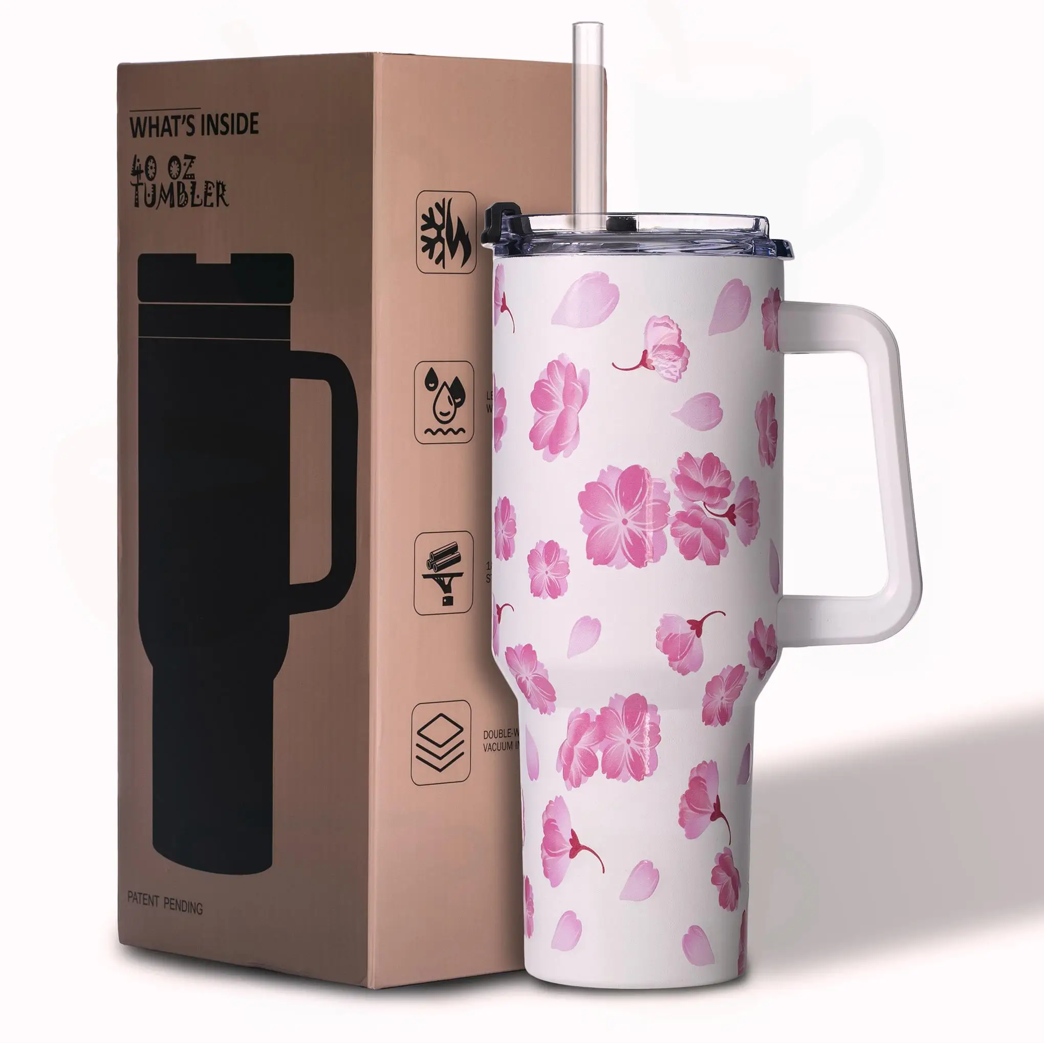 

40oz Vacuum Insulated Stainless Steel Tumbler with Handle – Sakura Floral Cup with Leak-Proof Lid, Gift for Women