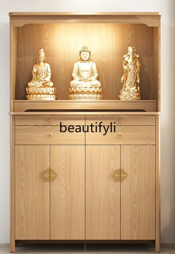 Solid wood Buddhist niche new Chinese vertical cabinet for table and household incense case for Guanyin God of Wealth