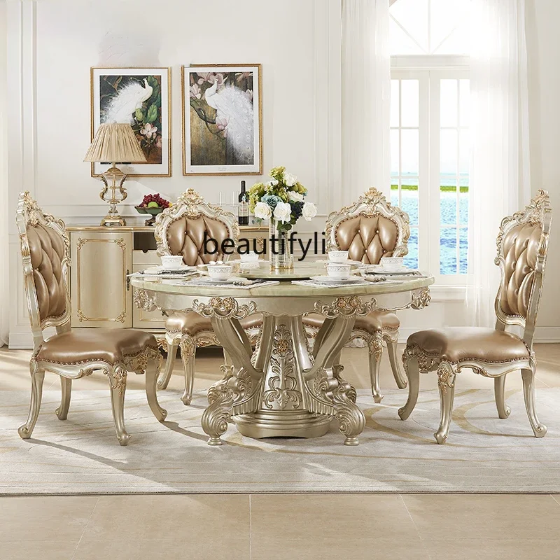 

A26 European marble dining table, golden round table, all solid wood dining table, luxury dining table and chairs with turntable