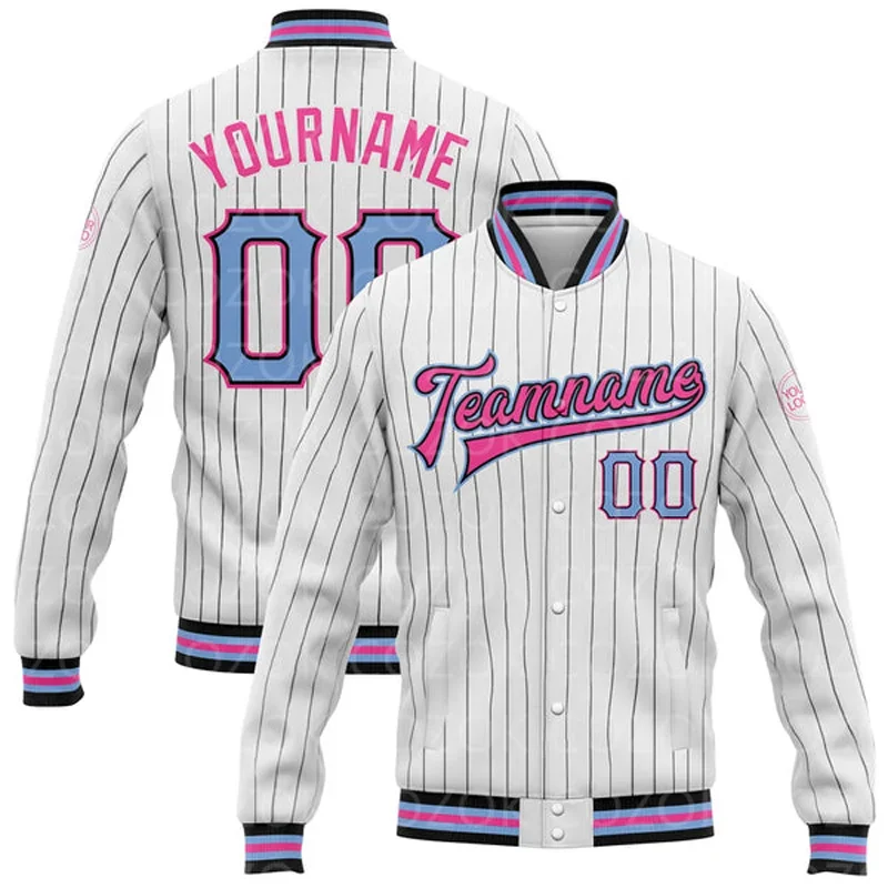 Custom White Pink Color 3D Printed Baseball Button Jacket Bomber Full-Snap Varsity Letterman Jacket