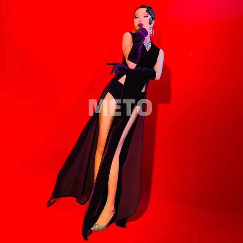 Nightclub Bar Dance Costume Sexy Velvet Long Dresses Women Stage Show Performance Clothes Dancehall Queen Rave Outfit VDL3981