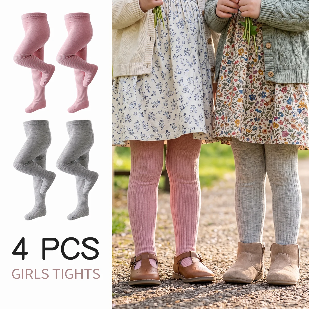 4PCS Baby Girls Ribbed Tights, Infant Elastic Footed Pantyhose, Multi‑Color Toddler Dance Stockings