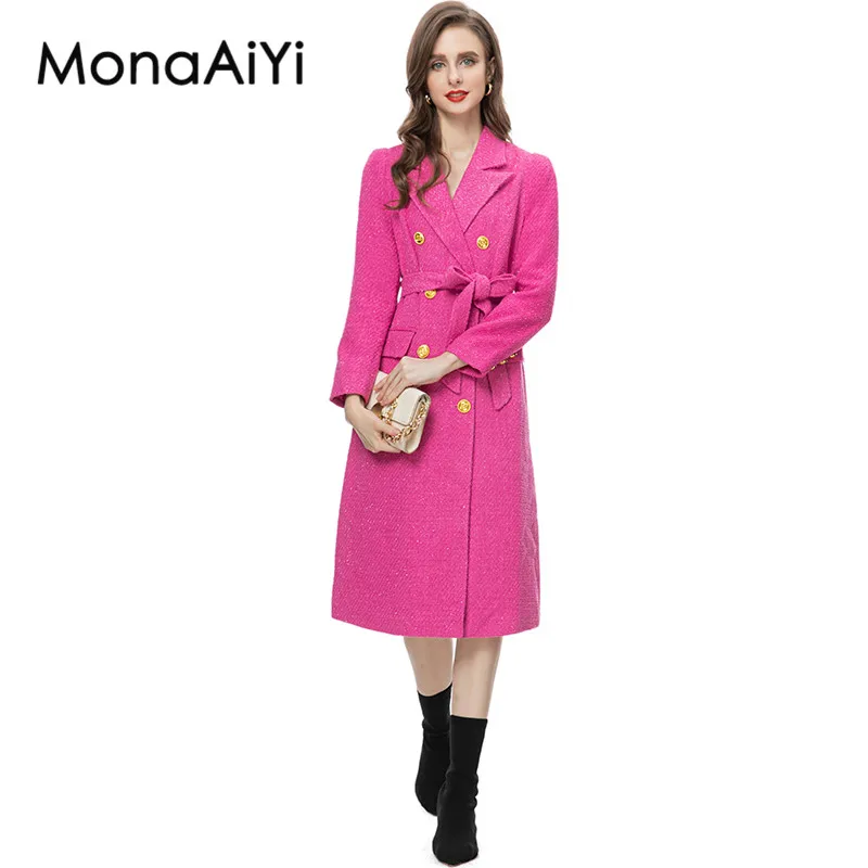 

MonaAiYi New Fashion Designer Autumn/Winter Outerwear Women's Lapel Double-Breasted Girdle Around The Waist Pink Woolen Coat