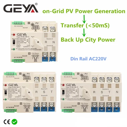 Imagen 1 del producto GEYA-interruptor de transferencia automática de energía Solar en la red, carril Din 2P 3P 4P 63A 100A AC220V ATS, sistema fotovoltaico, alimentación a energía urbana W2R