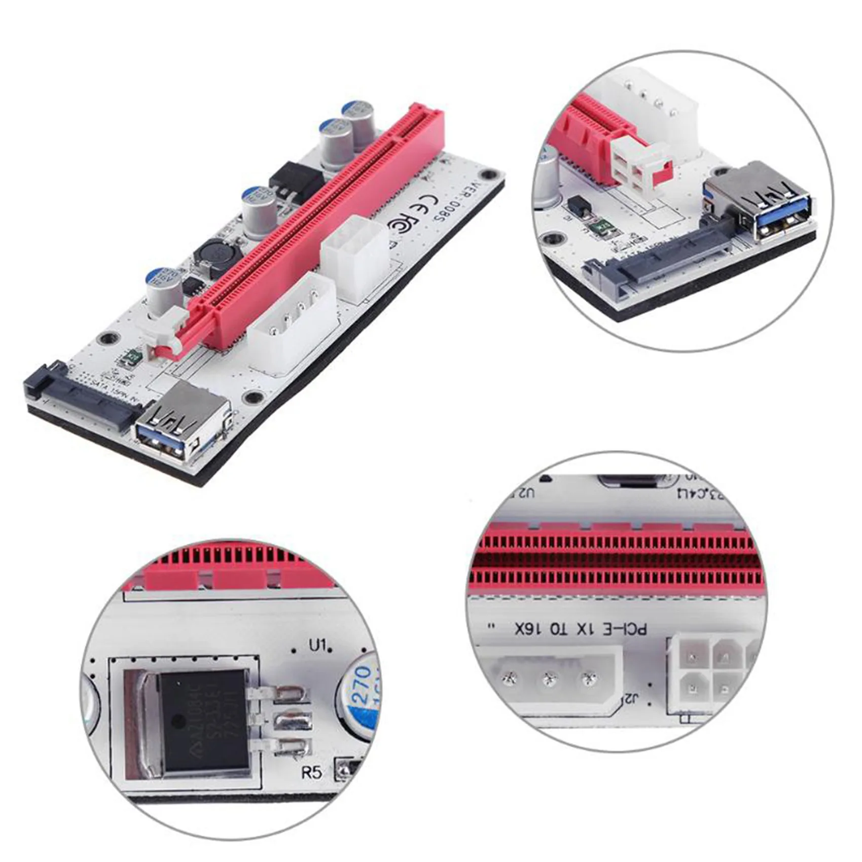 VER008S PCI-E Riser Card 3 in 1 4Pin SATA 6PIN PCIE Adapter USB3.0 Extender PCI Express 1X 16X 008S for BTC Miner