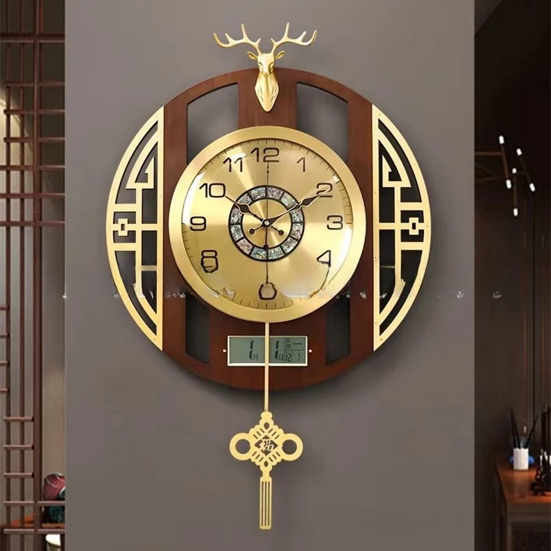 High-end brass new Chinese quartz clock household living room decorative wall clock perpetual calendar Chinese style