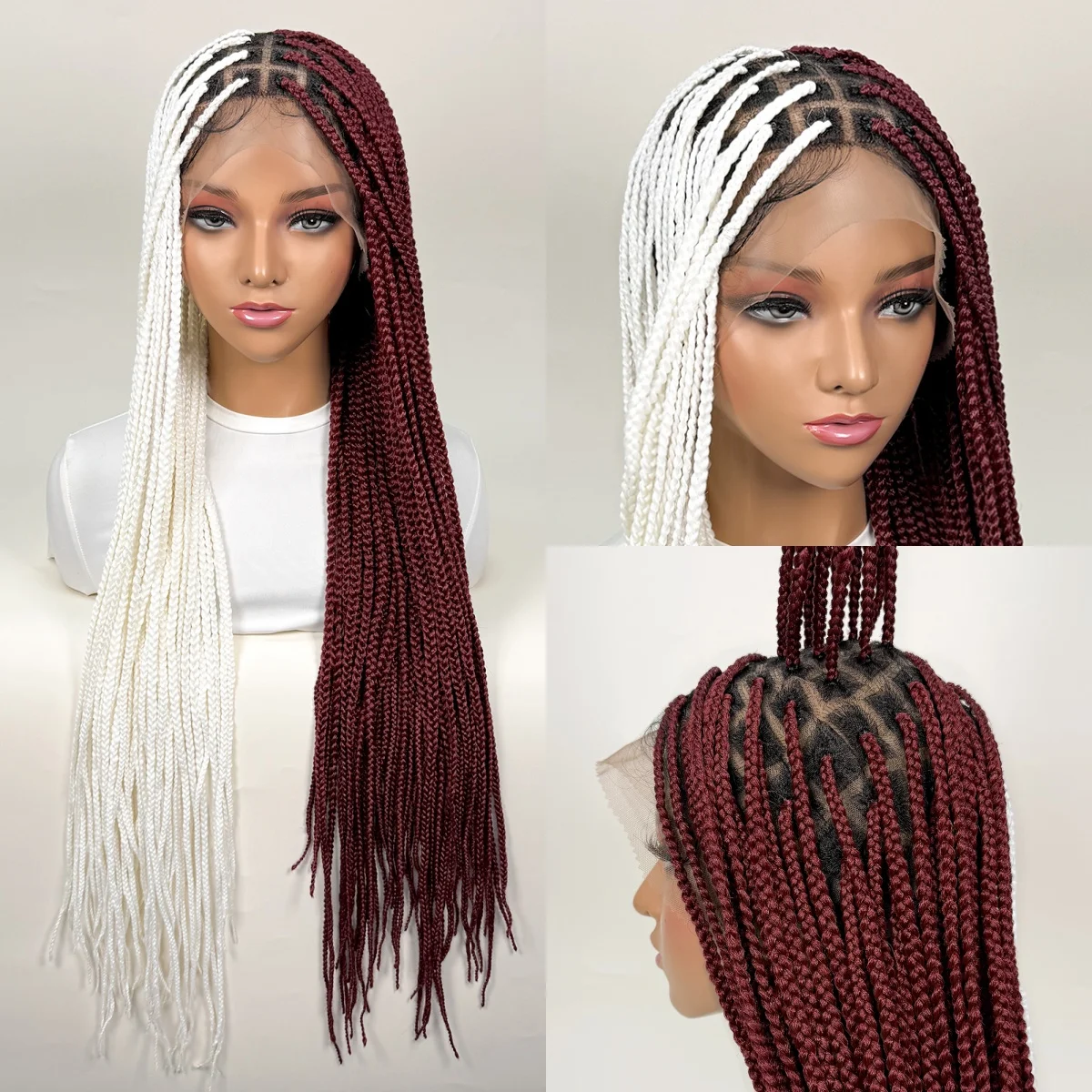 Cosplay Wig Half and Half Box Braided Wigs Halloween Wig Synthetic Full Lace Braided Medium Box Braids 36 inch for Cosplay